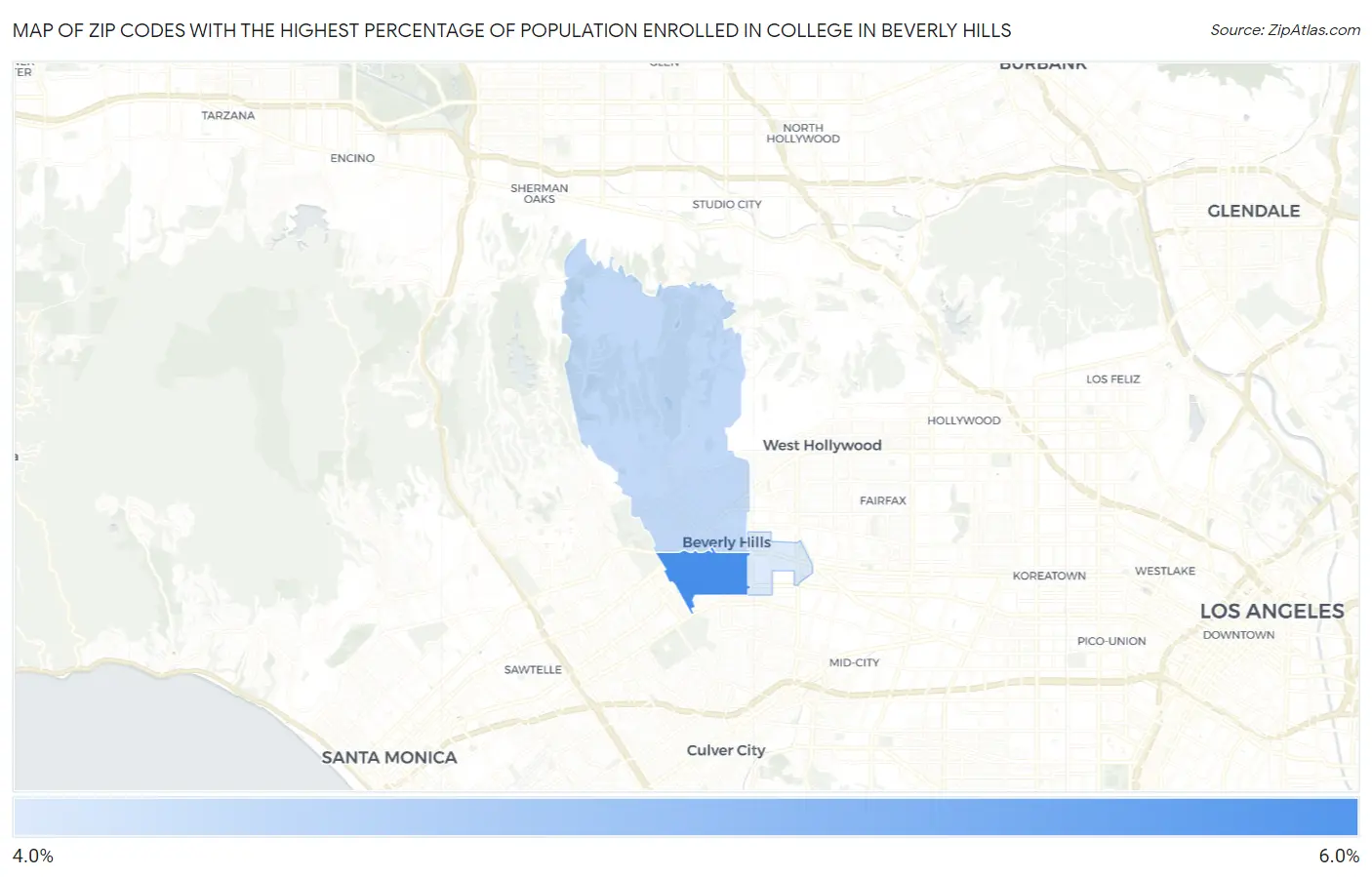Zip Codes with the Highest Percentage of Population Enrolled in College in Beverly Hills Map