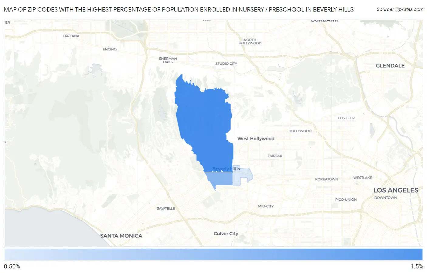 Zip Codes with the Highest Percentage of Population Enrolled in Nursery / Preschool in Beverly Hills Map