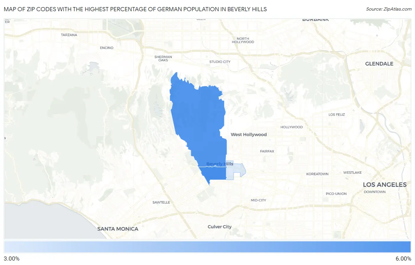 Zip Codes with the Highest Percentage of German Population in Beverly Hills Map