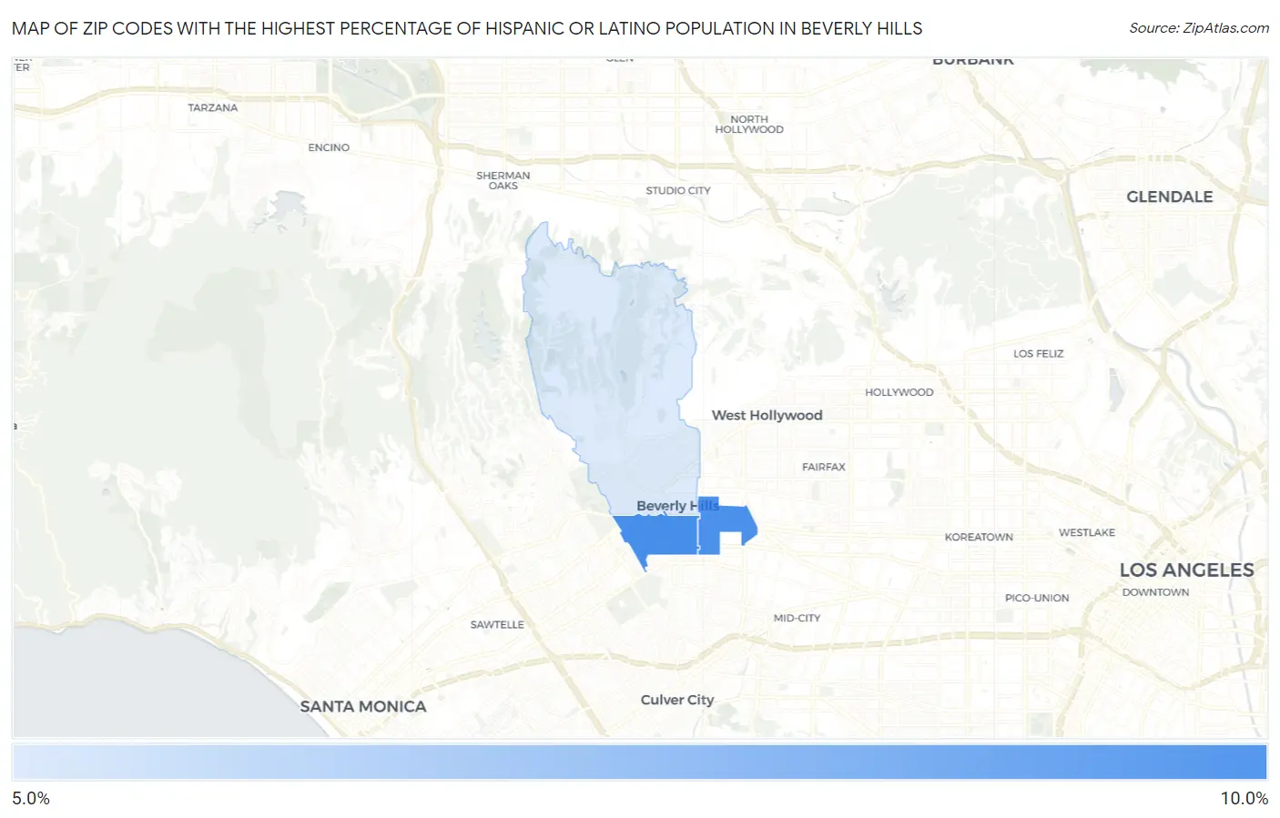 Zip Codes with the Highest Percentage of Hispanic or Latino Population in Beverly Hills Map