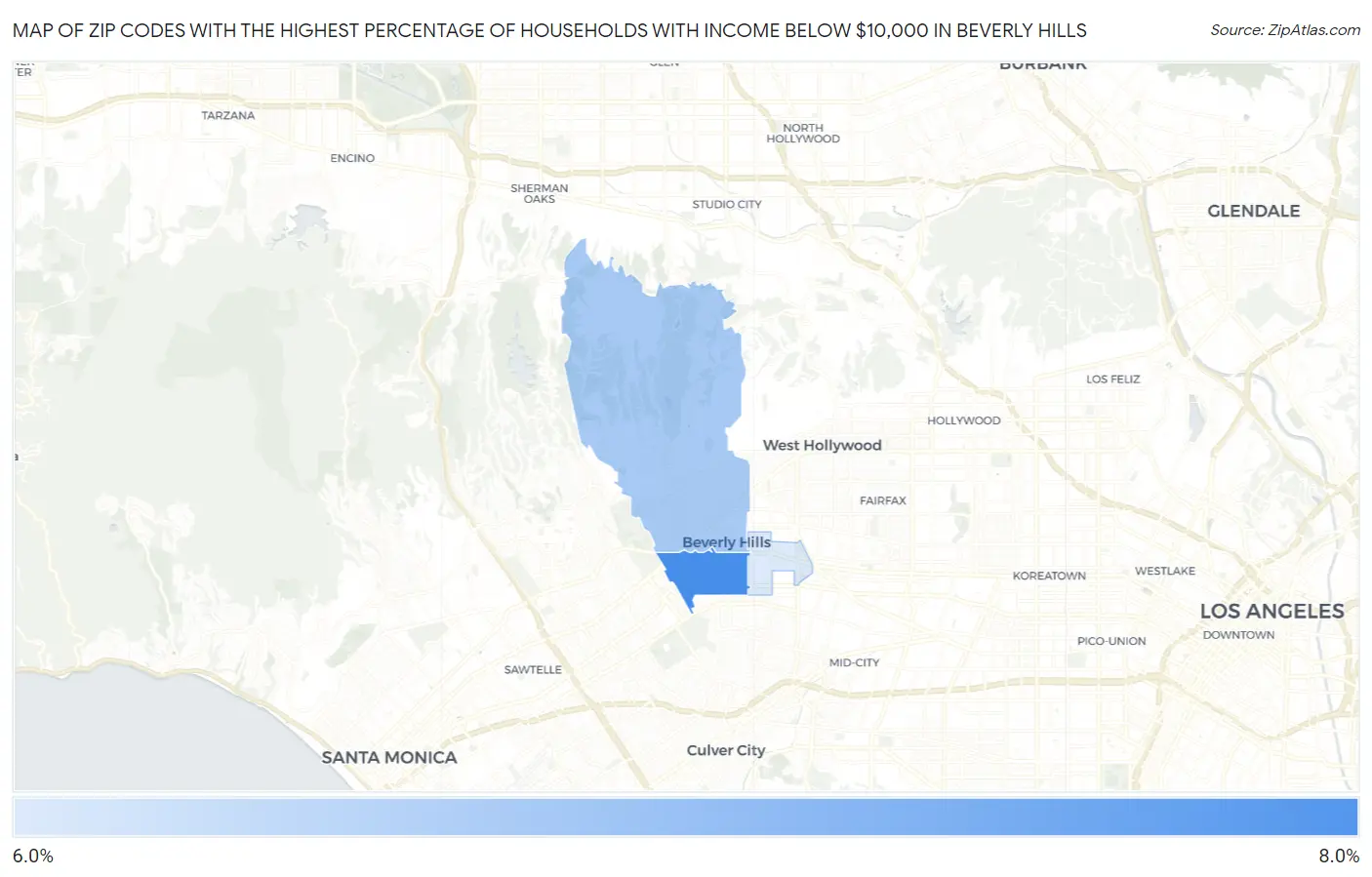Zip Codes with the Highest Percentage of Households with Income Below $10,000 in Beverly Hills Map