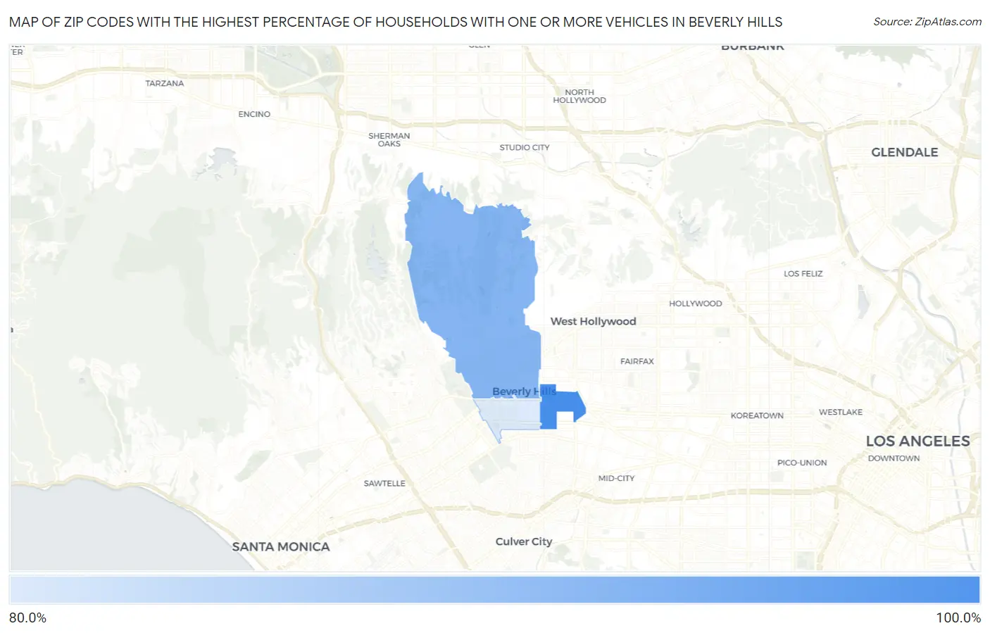 Zip Codes with the Highest Percentage of Households With One or more Vehicles in Beverly Hills Map