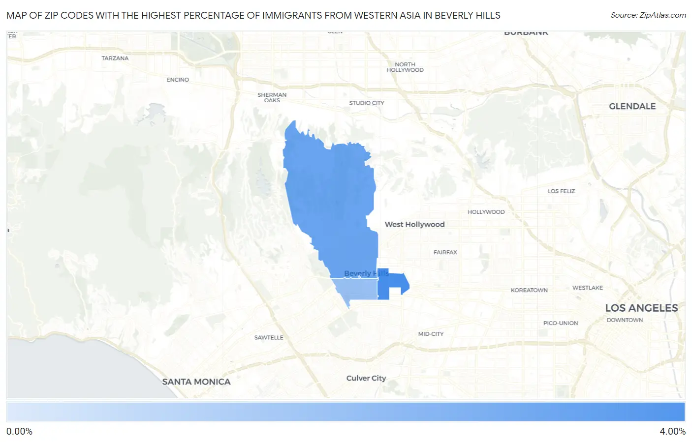 Zip Codes with the Highest Percentage of Immigrants from Western Asia in Beverly Hills Map