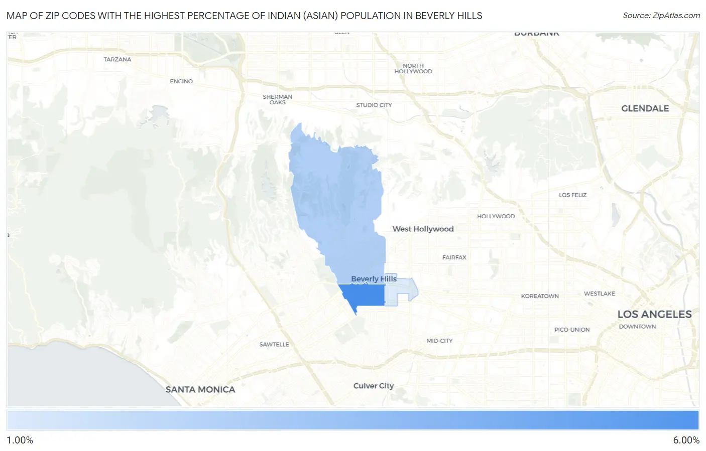 Zip Codes with the Highest Percentage of Indian (Asian) Population in Beverly Hills Map