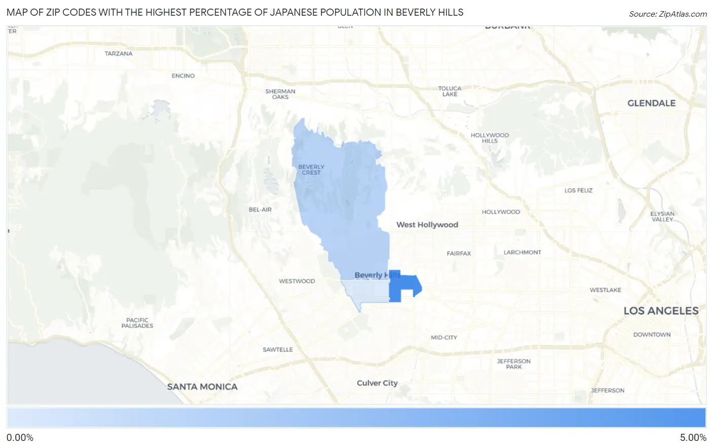 Zip Codes with the Highest Percentage of Japanese Population in Beverly Hills Map