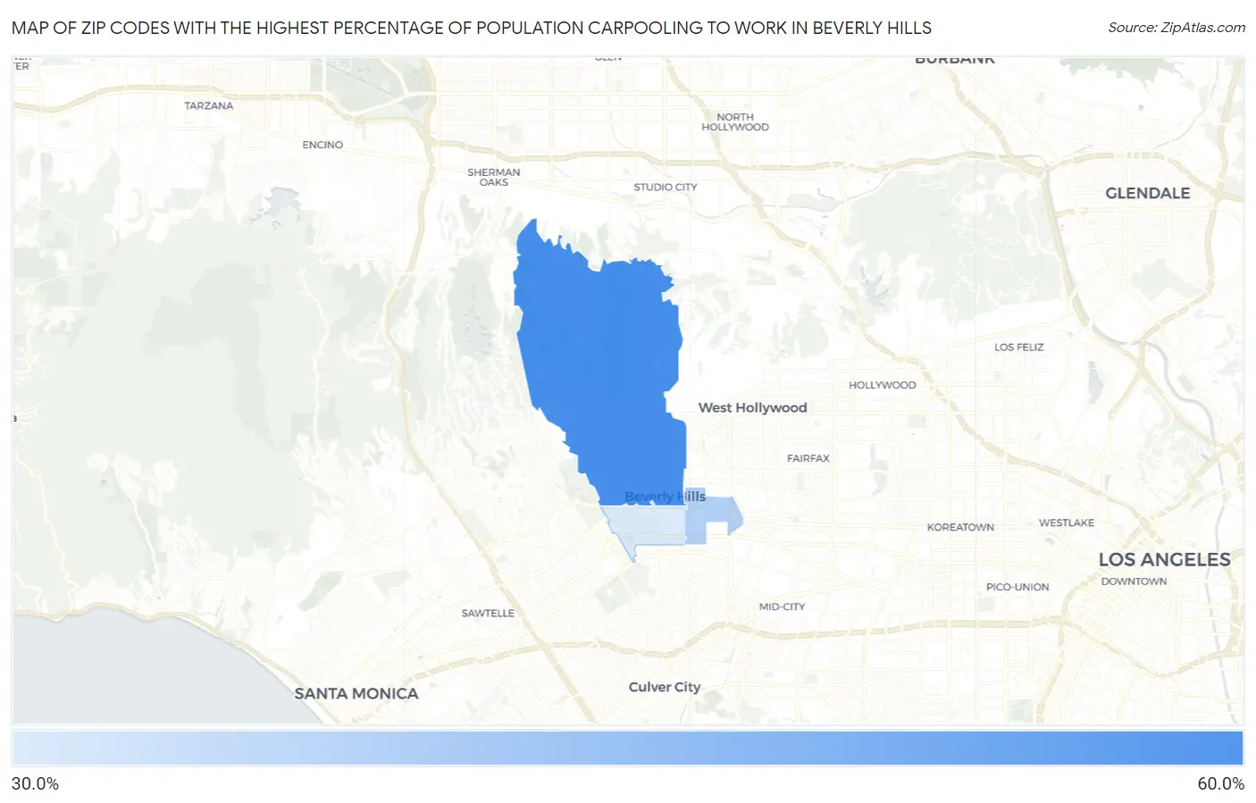 Zip Codes with the Highest Percentage of Population Carpooling to Work in Beverly Hills Map