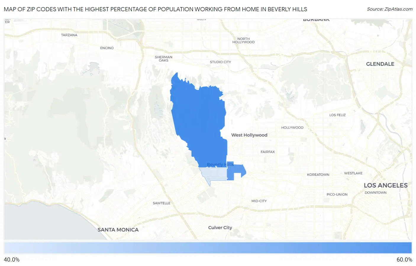 Zip Codes with the Highest Percentage of Population Working from Home in Beverly Hills Map