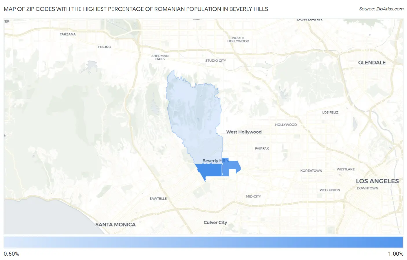 Zip Codes with the Highest Percentage of Romanian Population in Beverly Hills Map