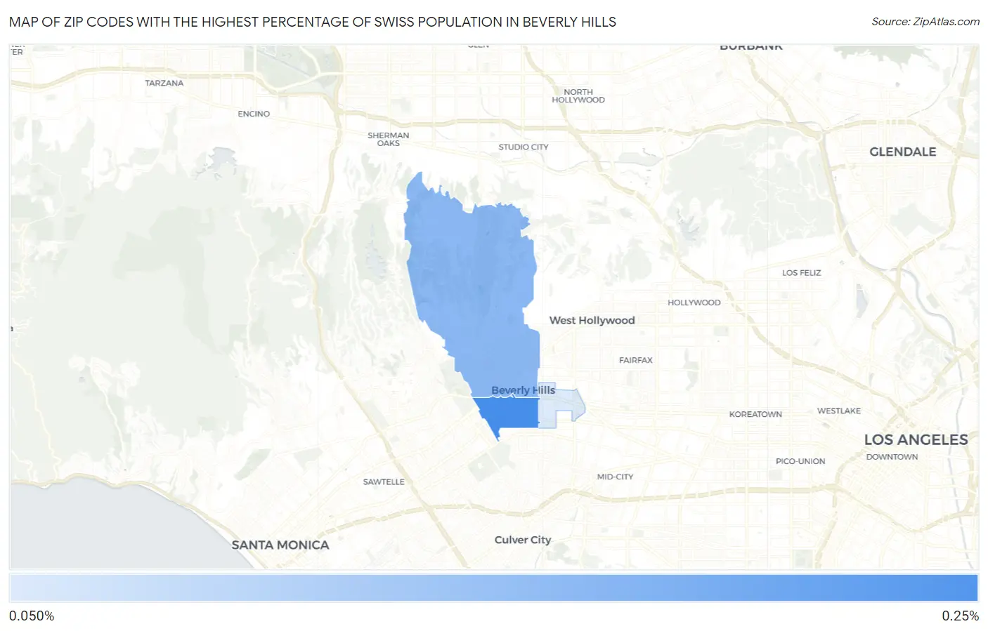 Zip Codes with the Highest Percentage of Swiss Population in Beverly Hills Map