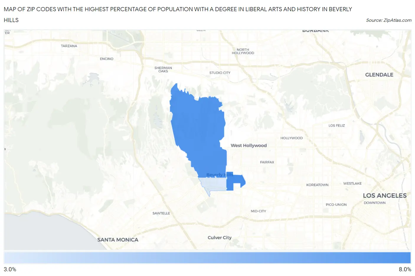 Zip Codes with the Highest Percentage of Population with a Degree in Liberal Arts and History in Beverly Hills Map