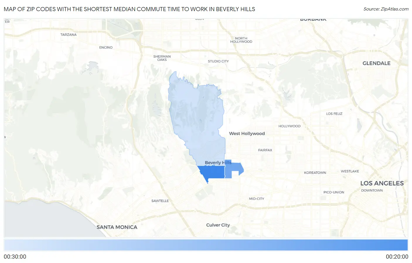 Zip Codes with the Shortest Median Commute Time to Work in Beverly Hills Map