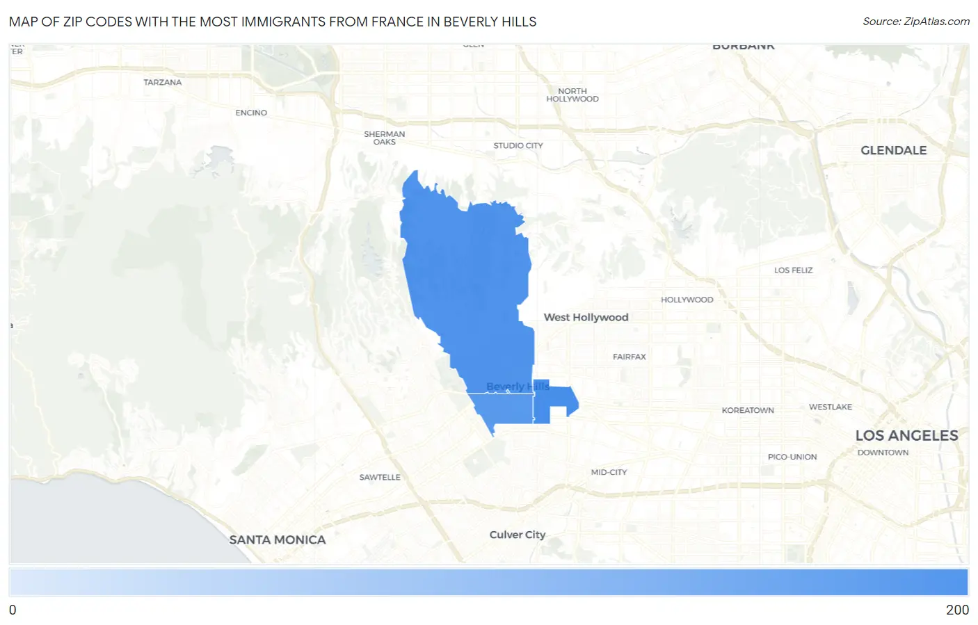 Zip Codes with the Most Immigrants from France in Beverly Hills Map
