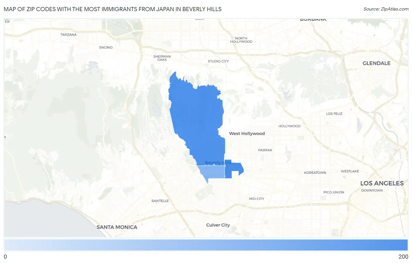 Zip Codes with the Most Immigrants from Japan in Beverly Hills Map