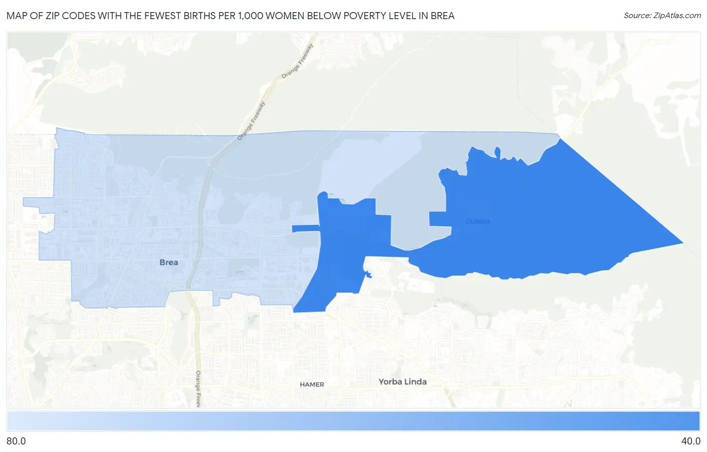 Zip Codes with the Fewest Births per 1,000 Women Below Poverty Level in Brea Map