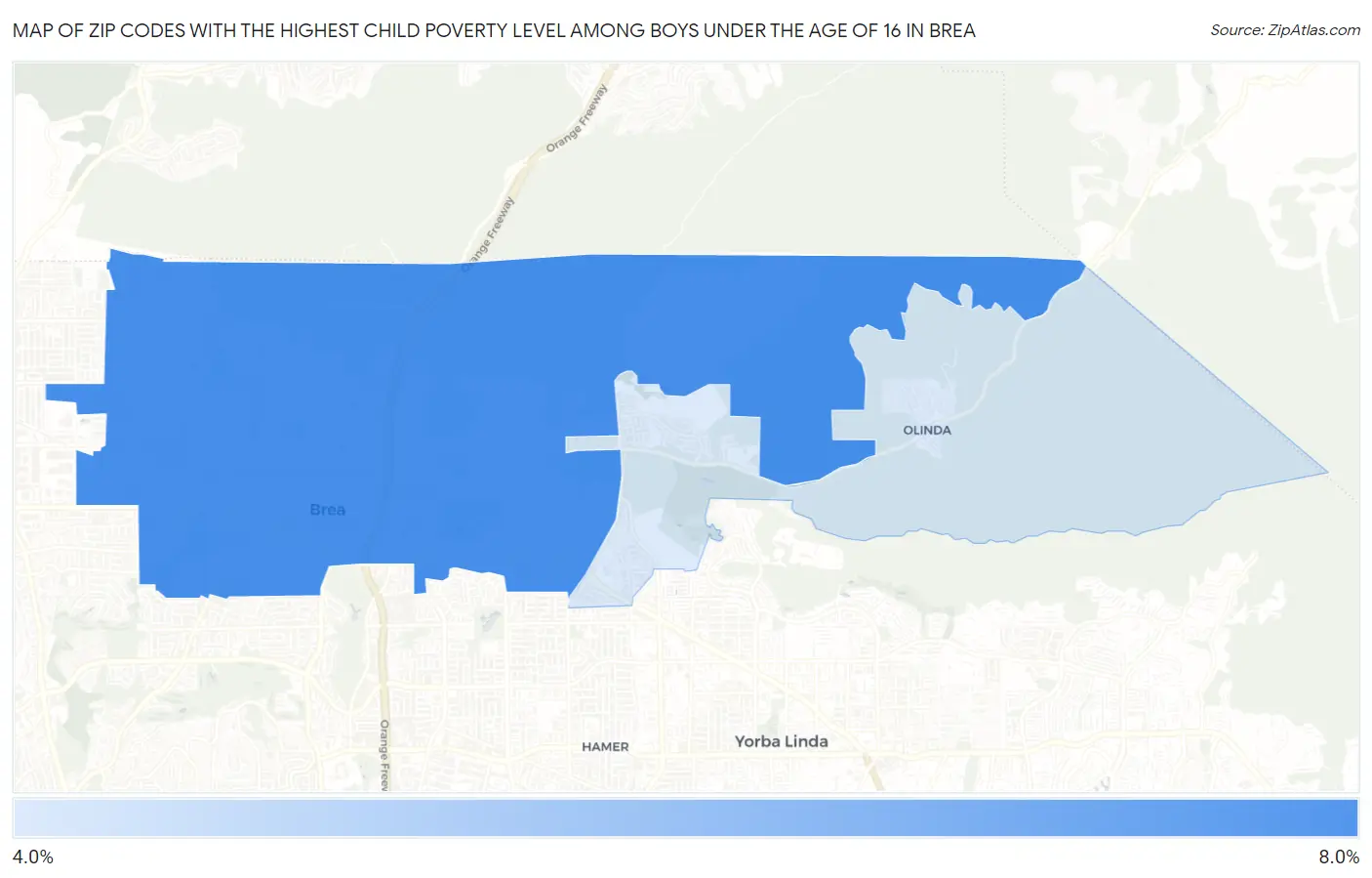Zip Codes with the Highest Child Poverty Level Among Boys Under the Age of 16 in Brea Map