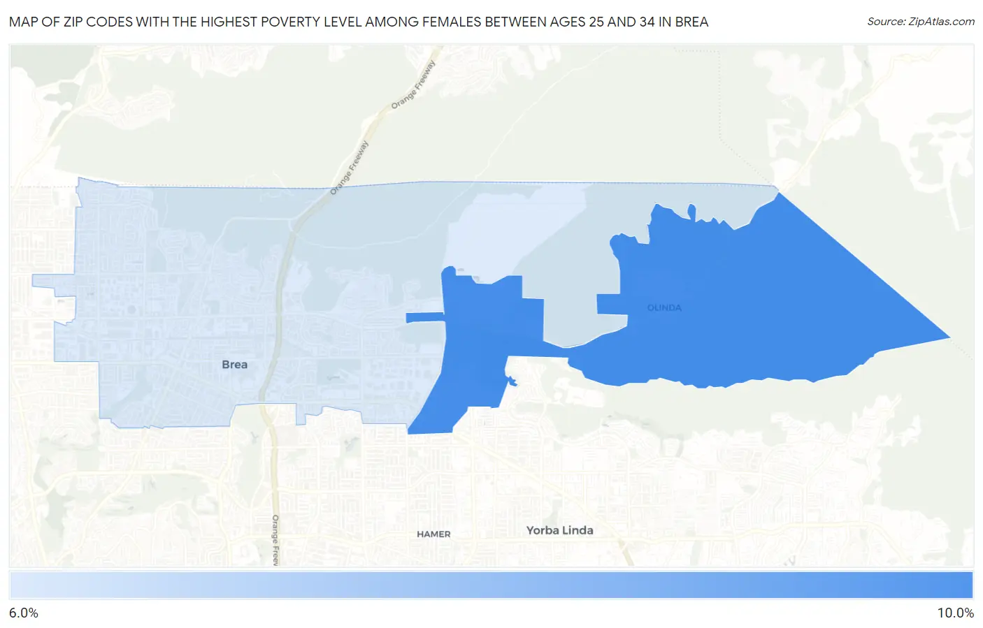 Zip Codes with the Highest Poverty Level Among Females Between Ages 25 and 34 in Brea Map