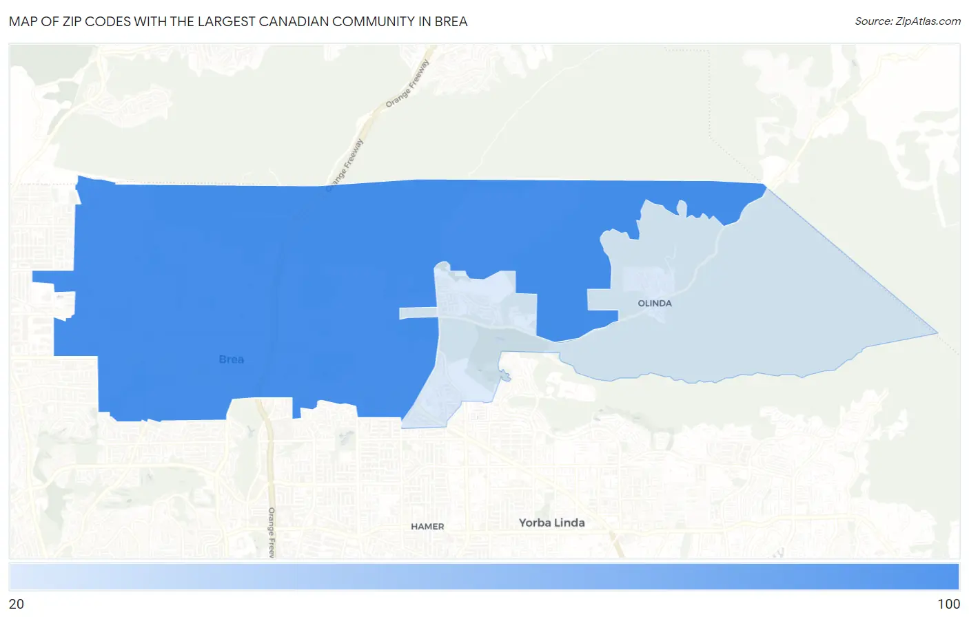 Zip Codes with the Largest Canadian Community in Brea Map