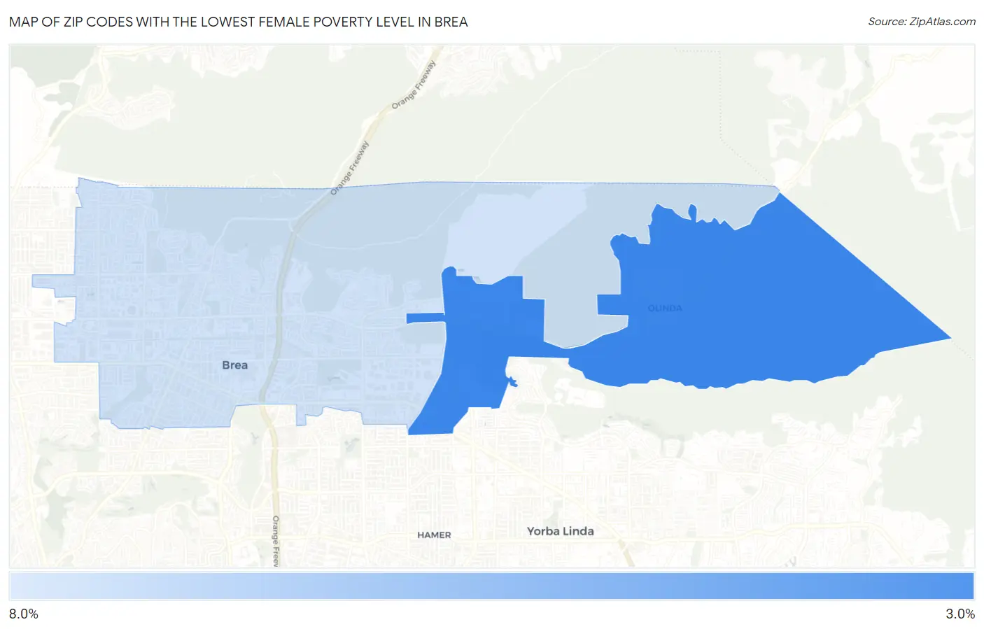 Zip Codes with the Lowest Female Poverty Level in Brea Map