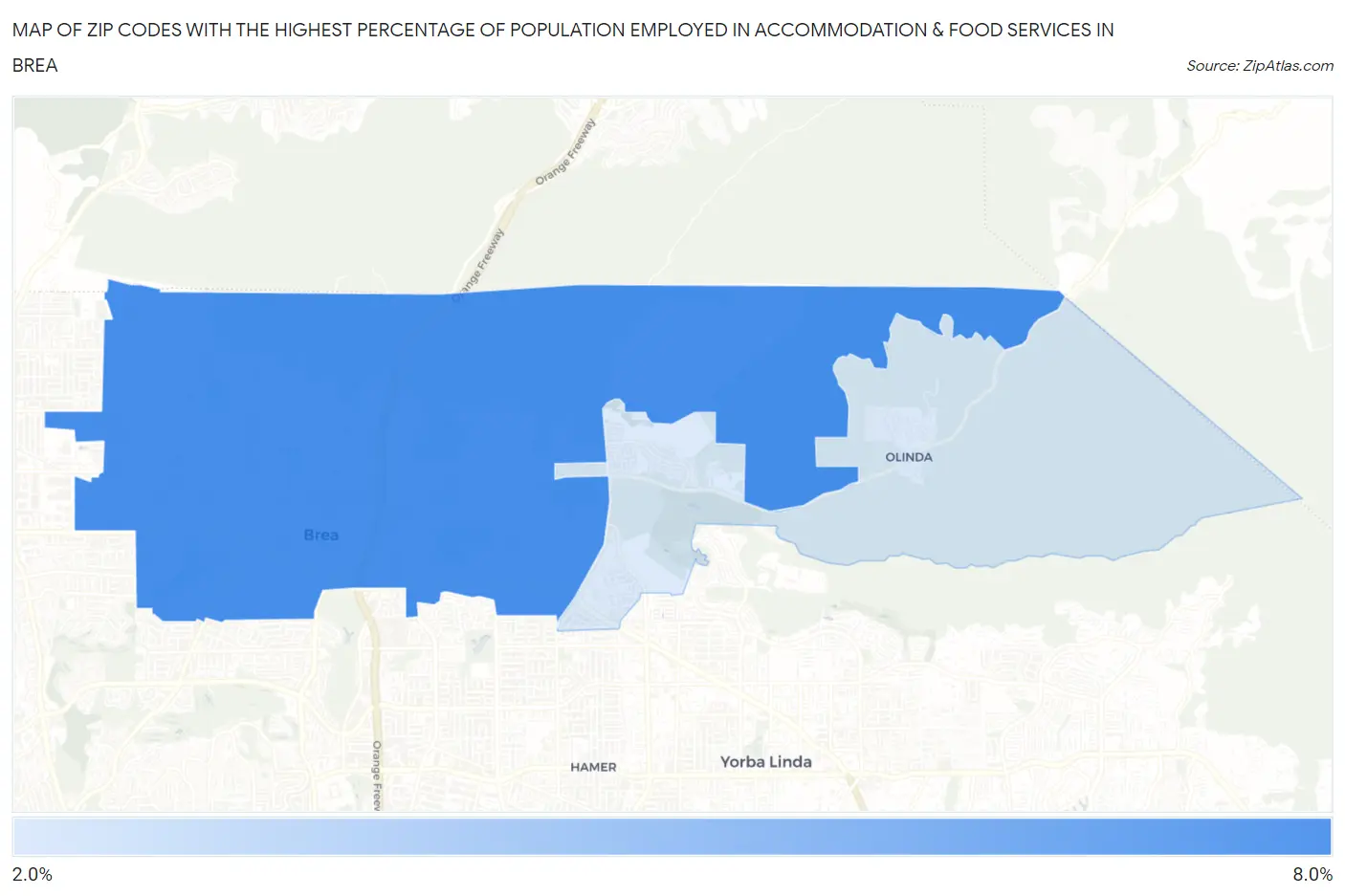 Zip Codes with the Highest Percentage of Population Employed in Accommodation & Food Services in Brea Map