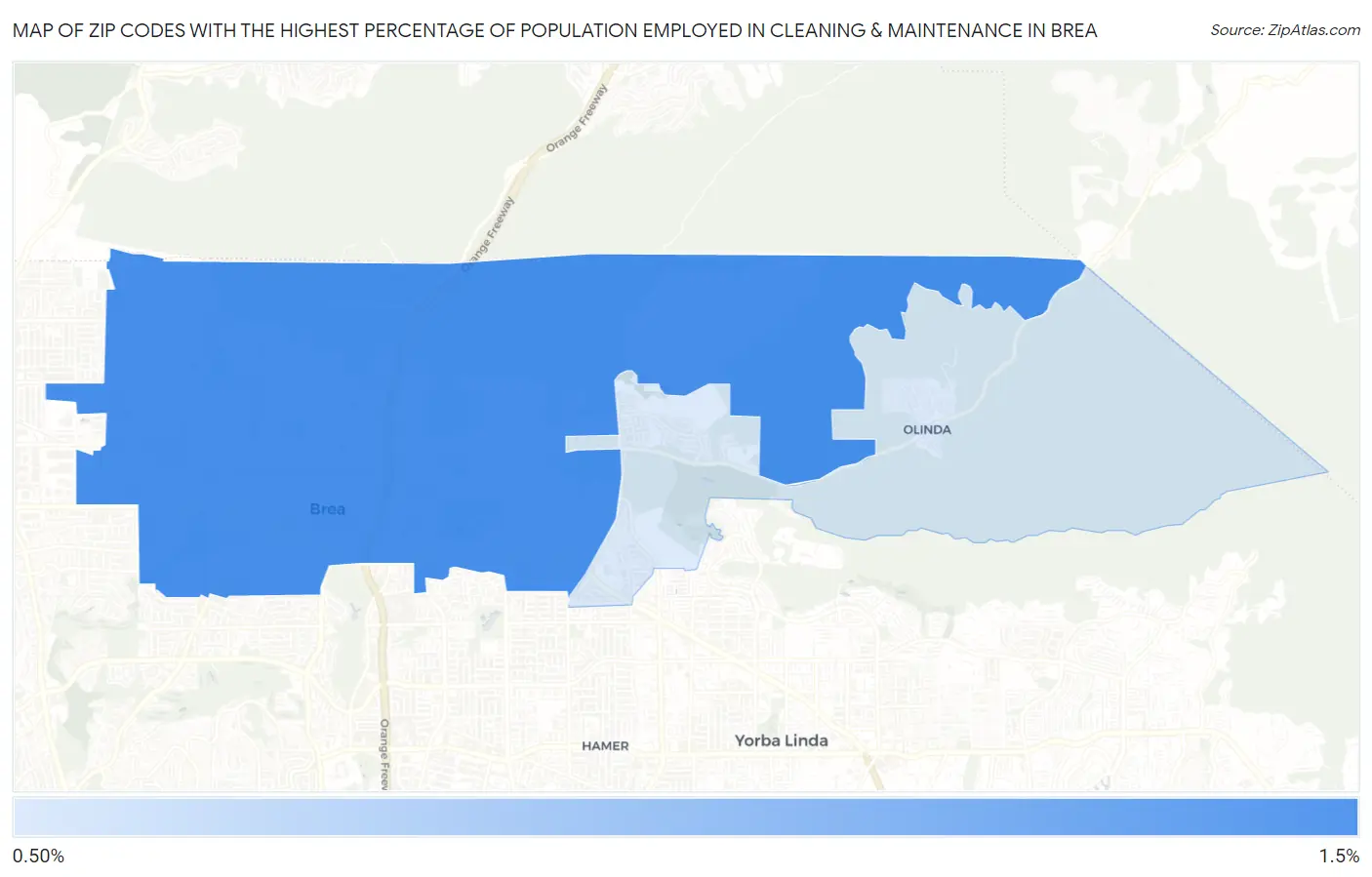 Zip Codes with the Highest Percentage of Population Employed in Cleaning & Maintenance in Brea Map
