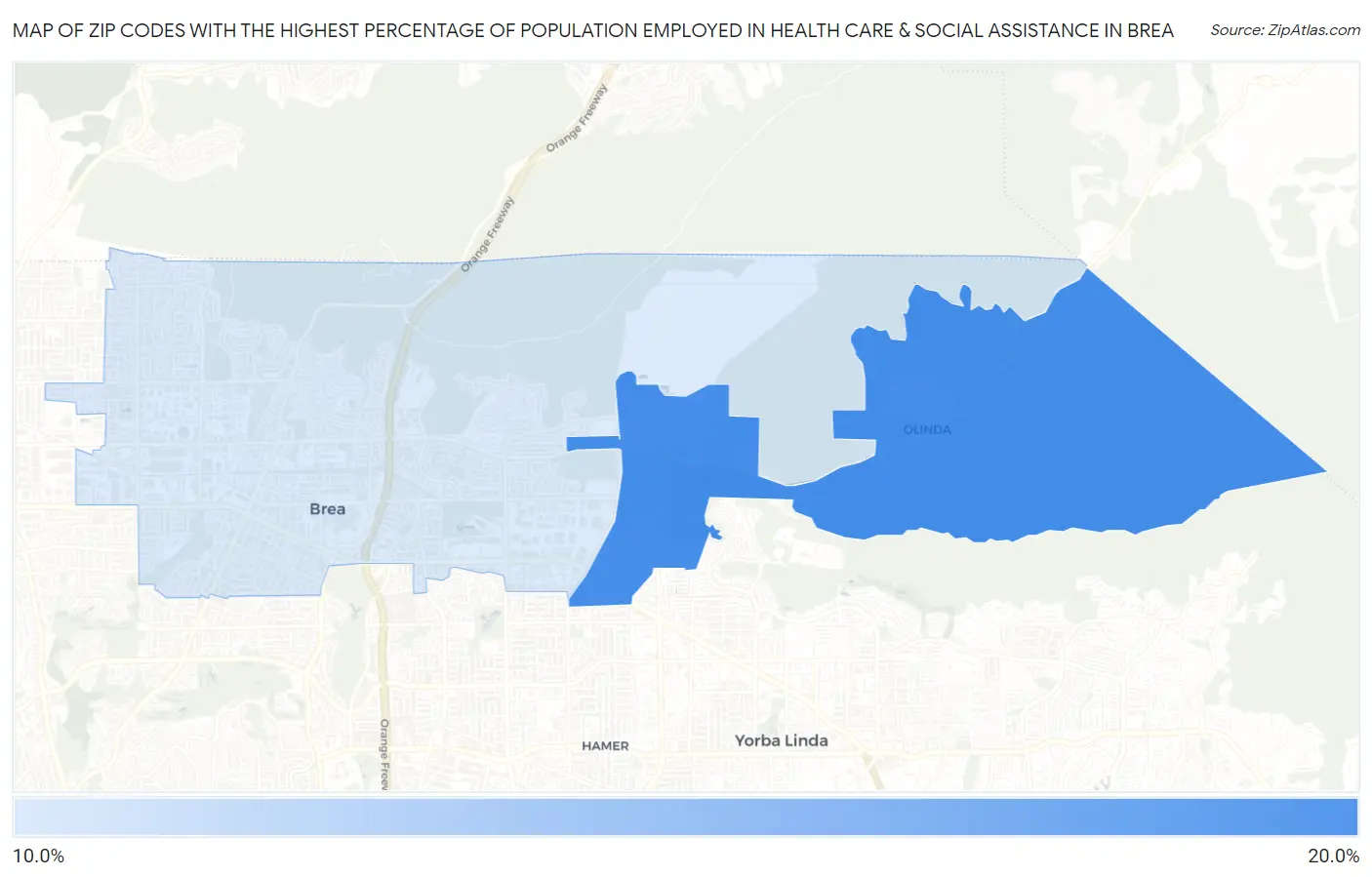 Zip Codes with the Highest Percentage of Population Employed in Health Care & Social Assistance in Brea Map