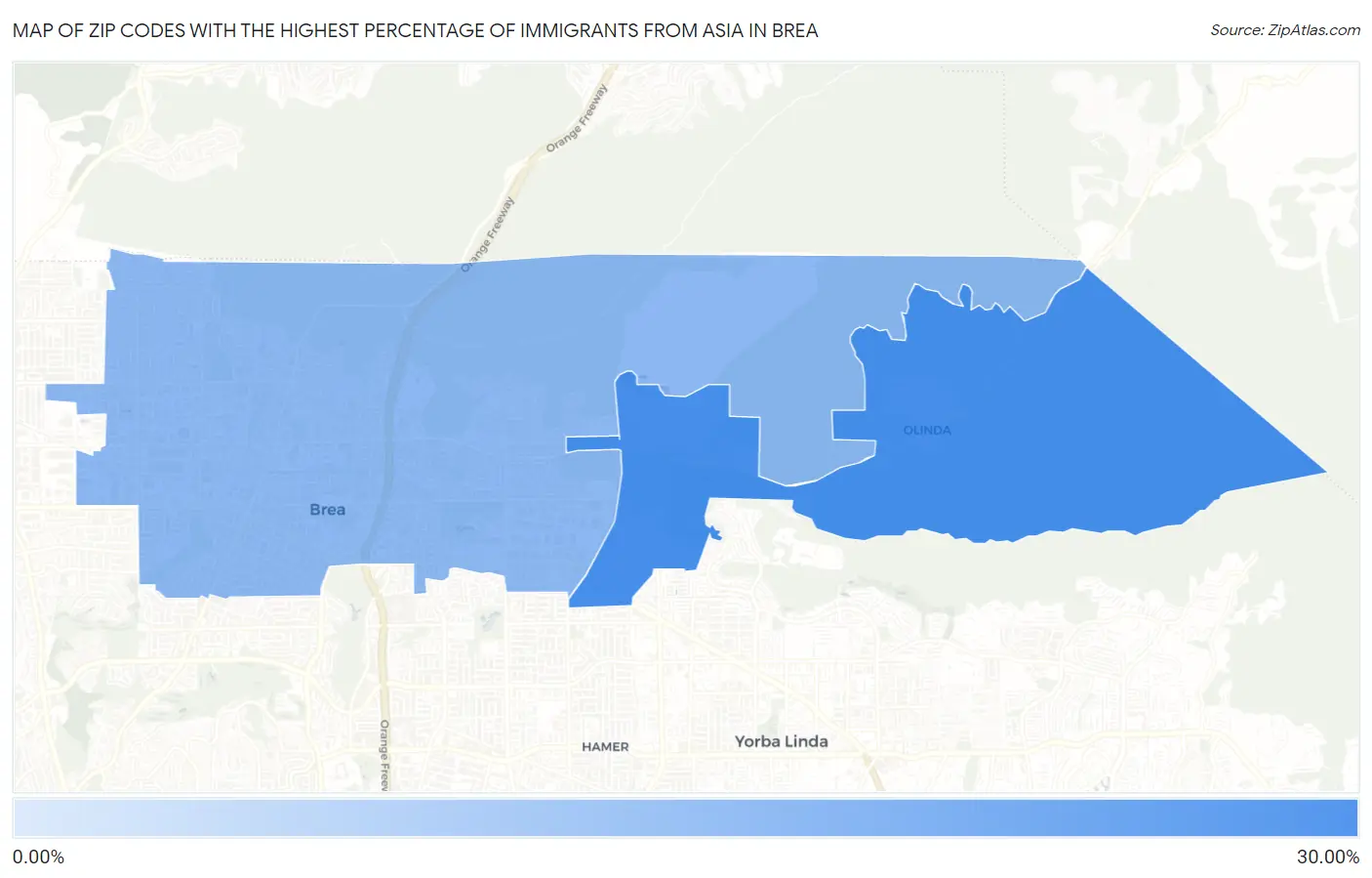 Zip Codes with the Highest Percentage of Immigrants from Asia in Brea Map