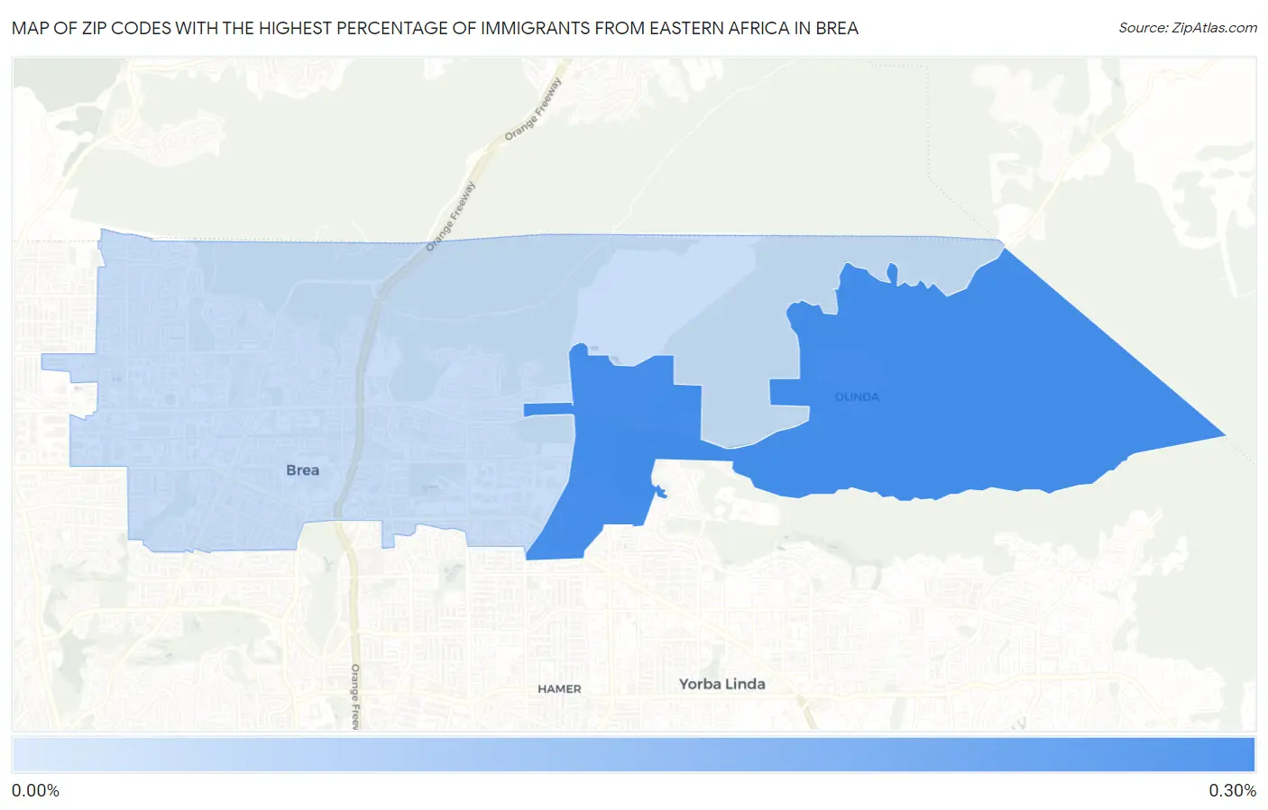 Zip Codes with the Highest Percentage of Immigrants from Eastern Africa in Brea Map
