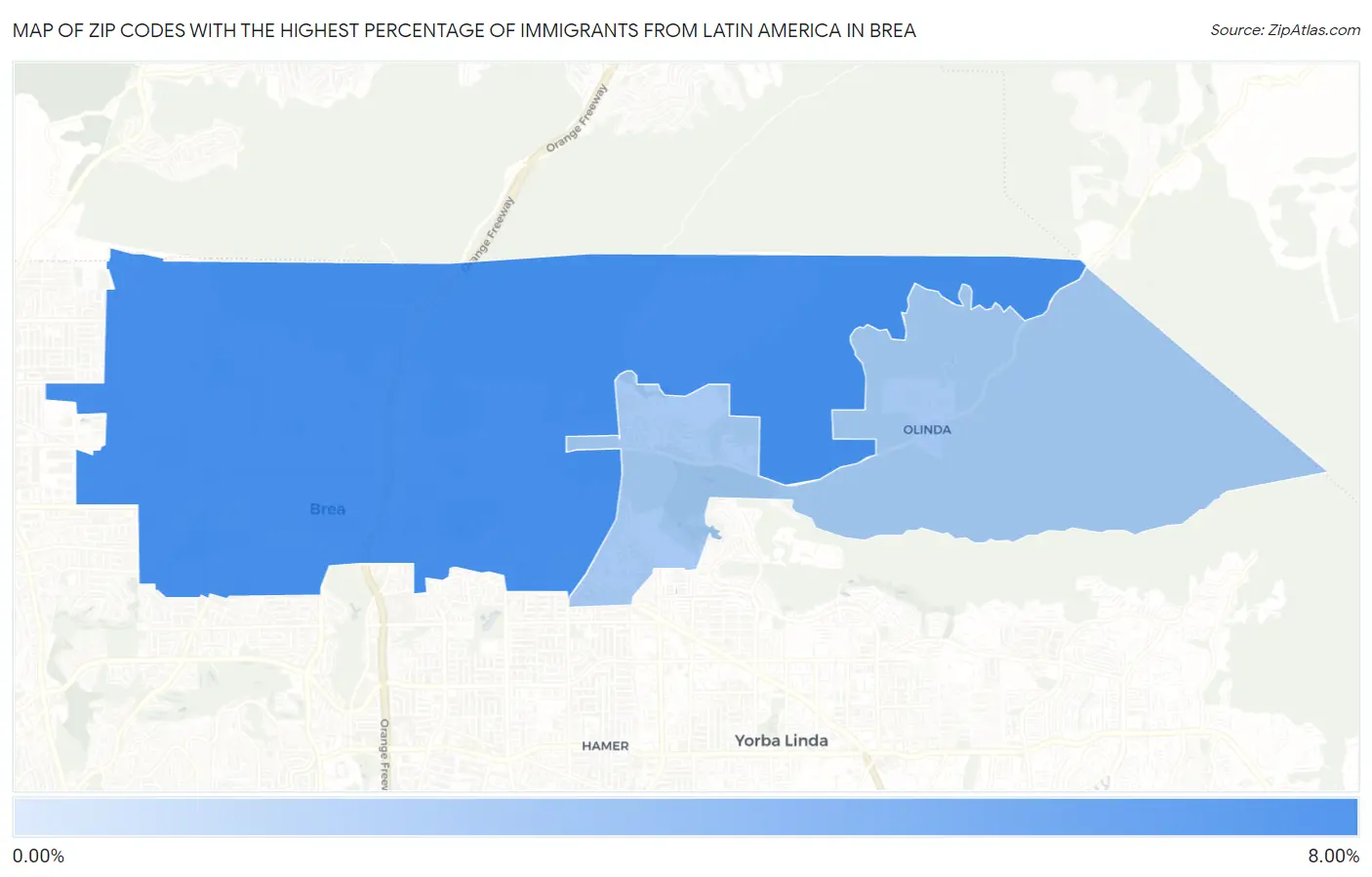 Zip Codes with the Highest Percentage of Immigrants from Latin America in Brea Map