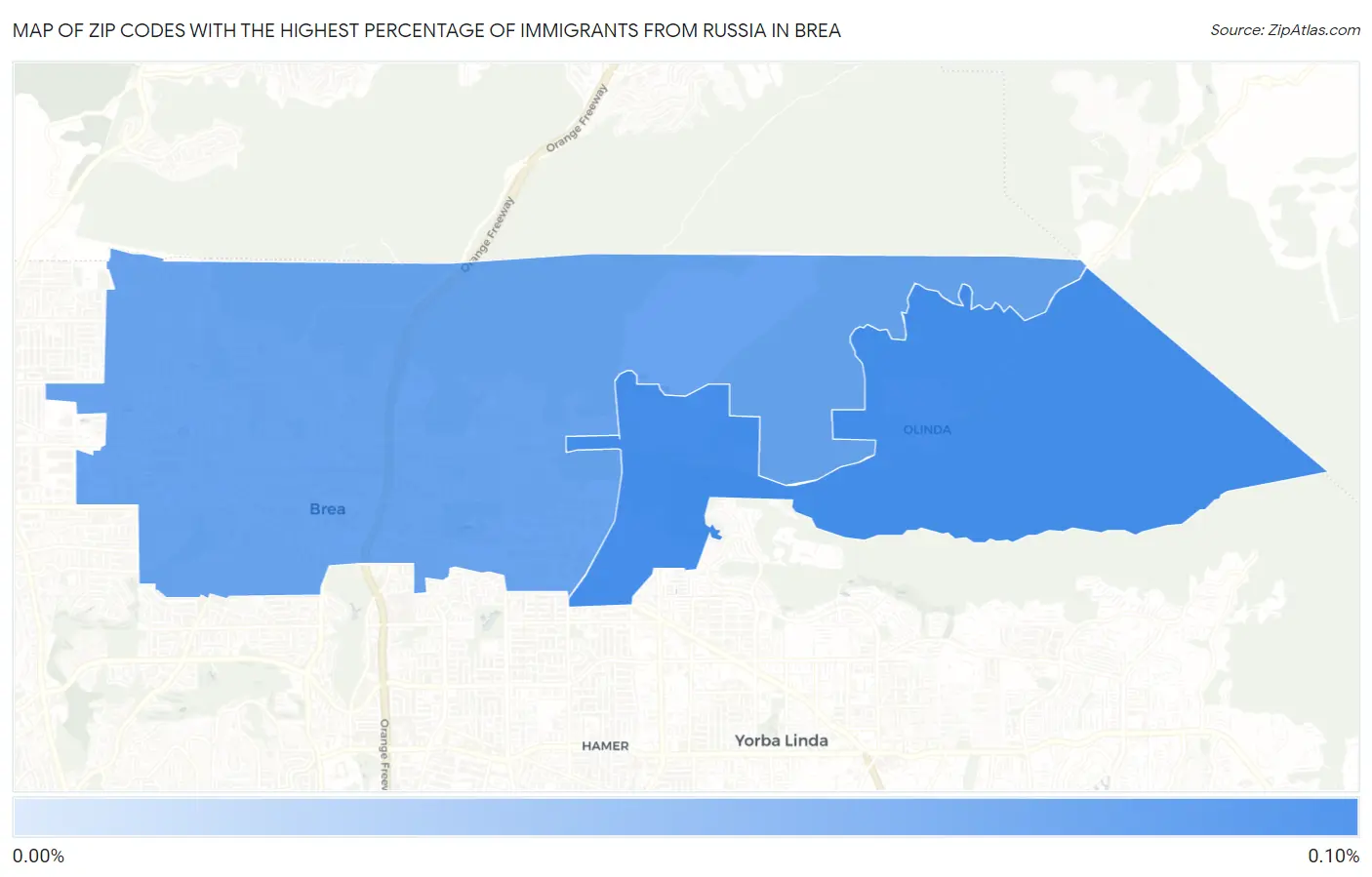 Zip Codes with the Highest Percentage of Immigrants from Russia in Brea Map
