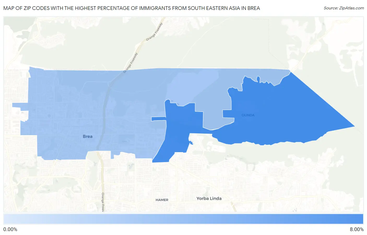 Zip Codes with the Highest Percentage of Immigrants from South Eastern Asia in Brea Map