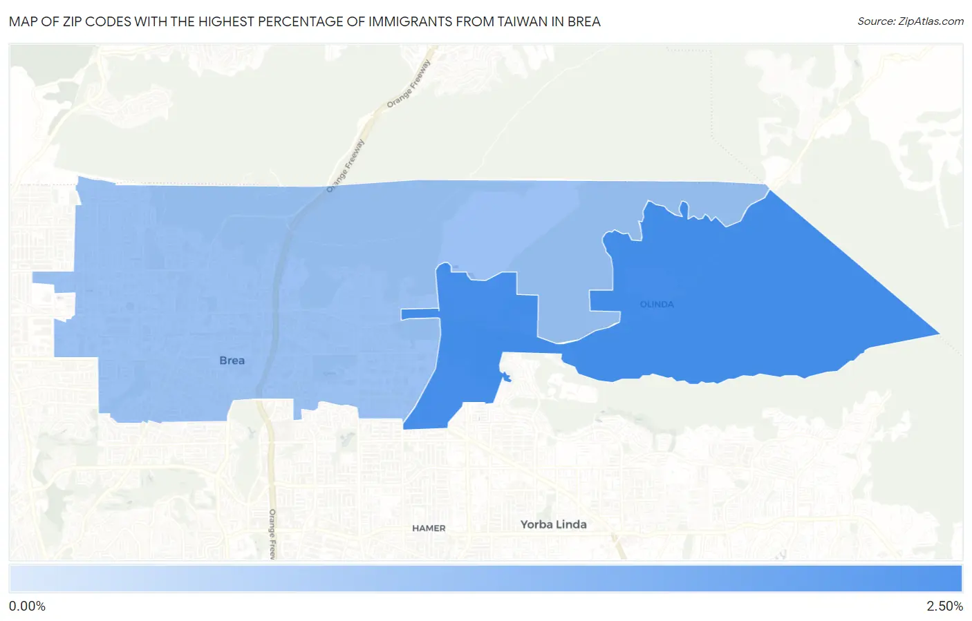 Zip Codes with the Highest Percentage of Immigrants from Taiwan in Brea Map