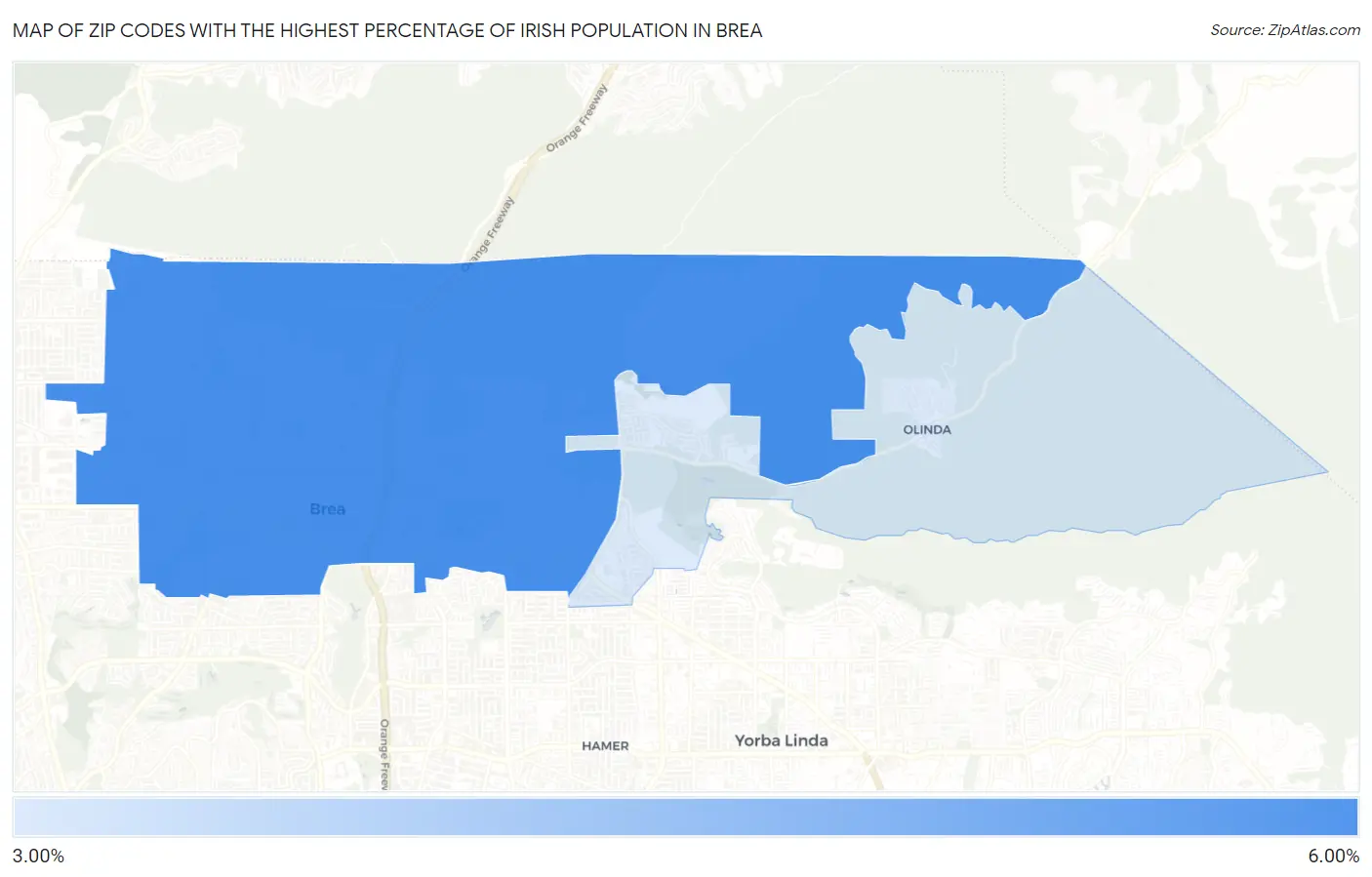 Zip Codes with the Highest Percentage of Irish Population in Brea Map