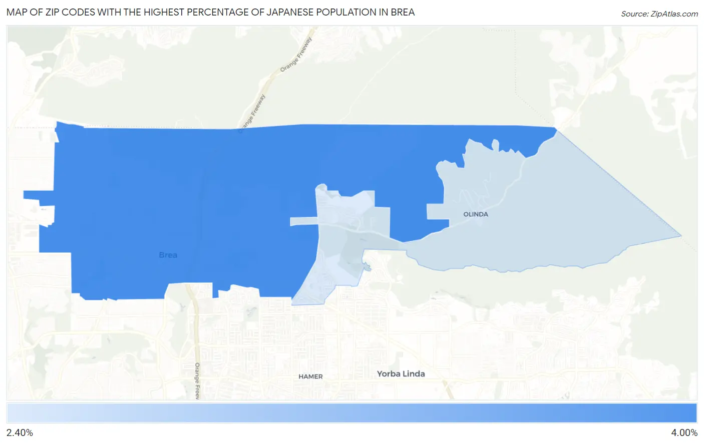 Zip Codes with the Highest Percentage of Japanese Population in Brea Map