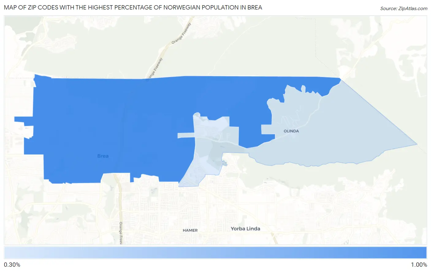 Zip Codes with the Highest Percentage of Norwegian Population in Brea Map