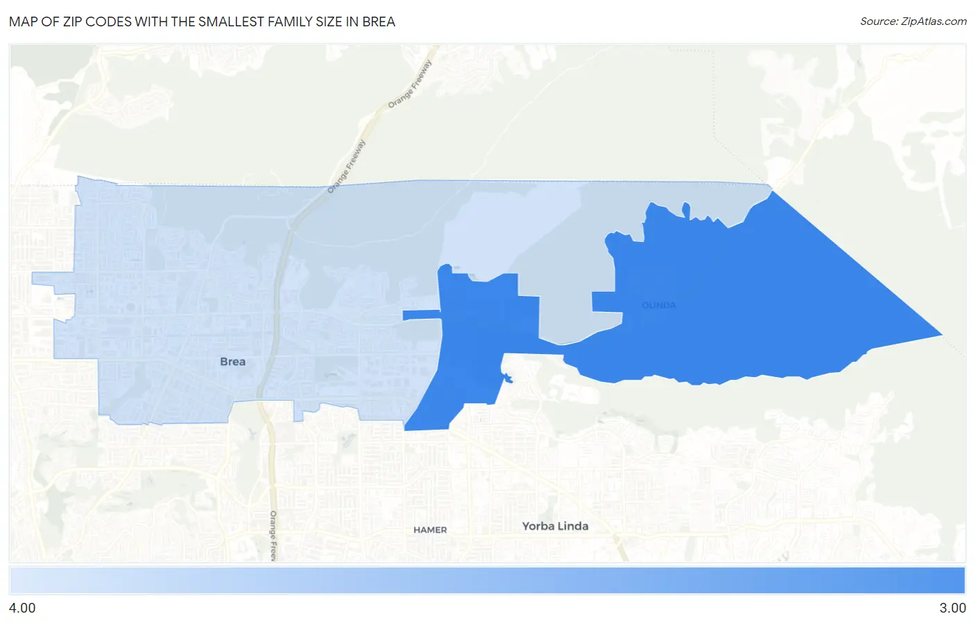 Zip Codes with the Smallest Family Size in Brea Map