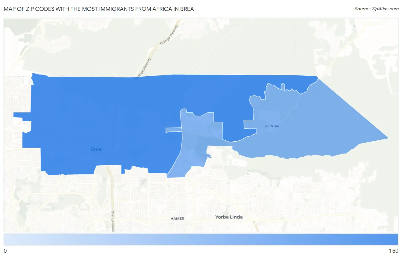 Zip Codes with the Most Immigrants from Africa in Brea Map