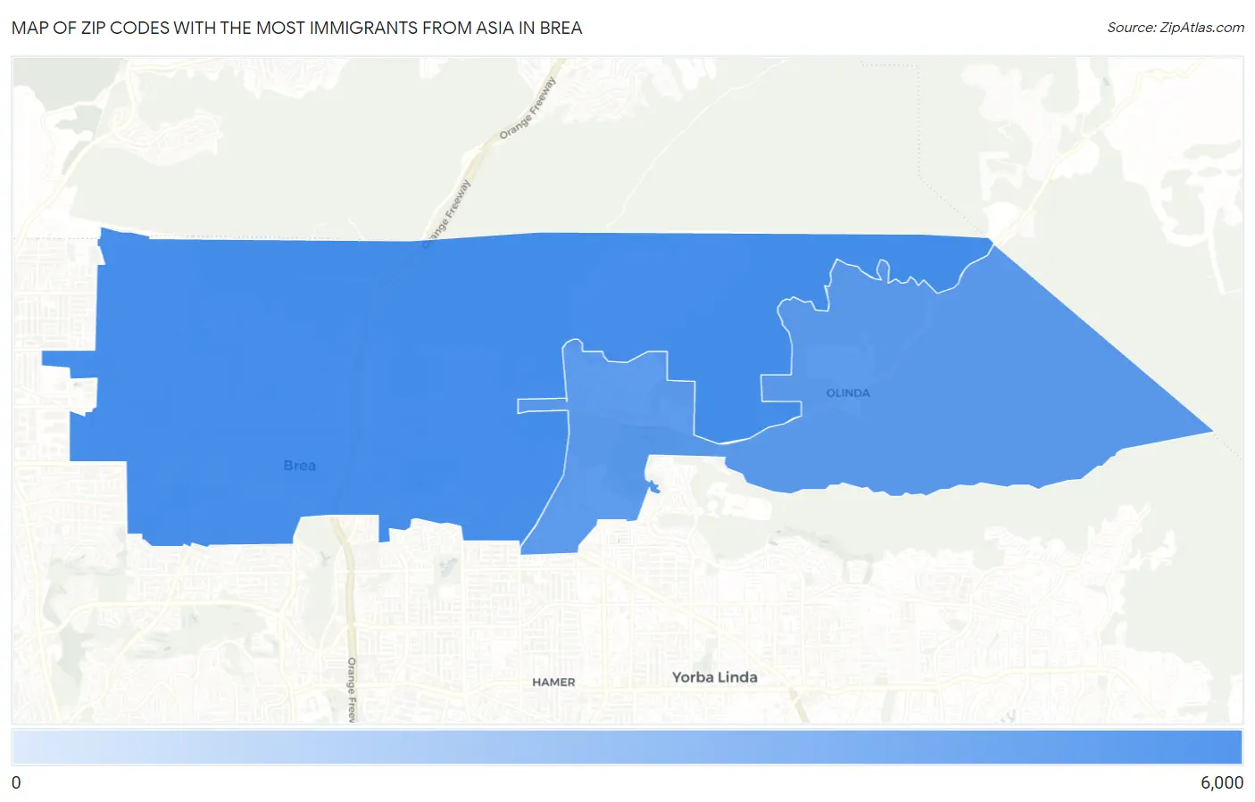 Zip Codes with the Most Immigrants from Asia in Brea Map