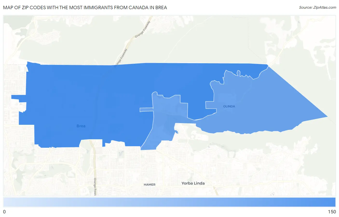 Zip Codes with the Most Immigrants from Canada in Brea Map