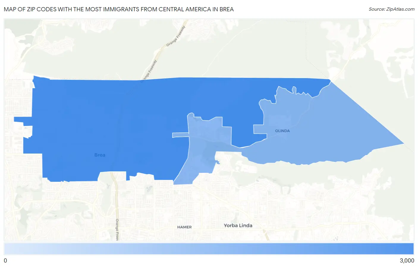 Zip Codes with the Most Immigrants from Central America in Brea Map