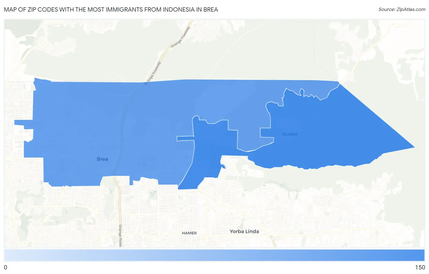 Zip Codes with the Most Immigrants from Indonesia in Brea Map