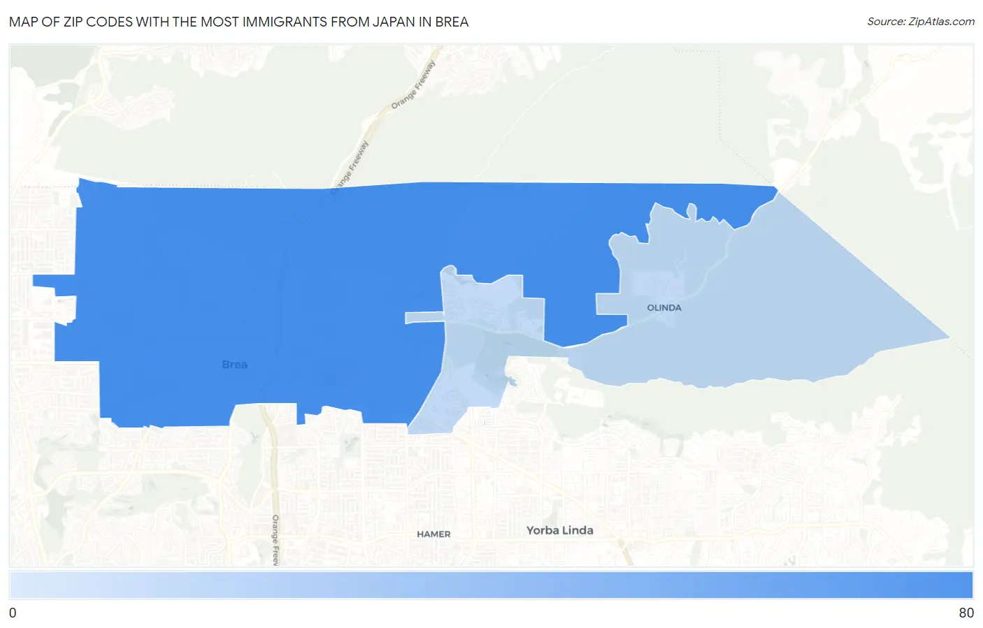 Zip Codes with the Most Immigrants from Japan in Brea Map