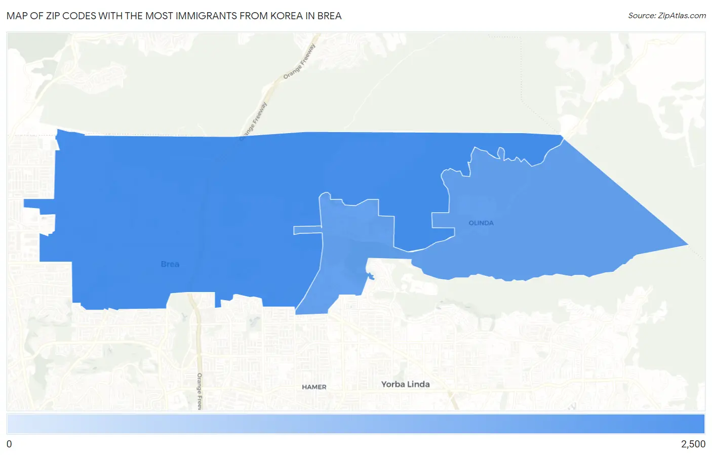 Zip Codes with the Most Immigrants from Korea in Brea Map