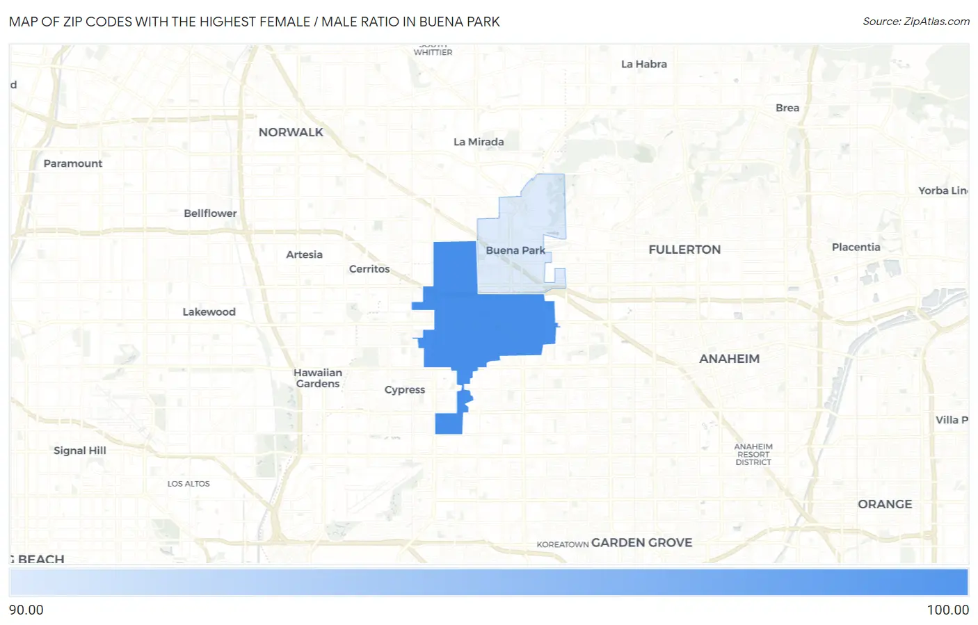 Zip Codes with the Highest Female / Male Ratio in Buena Park Map