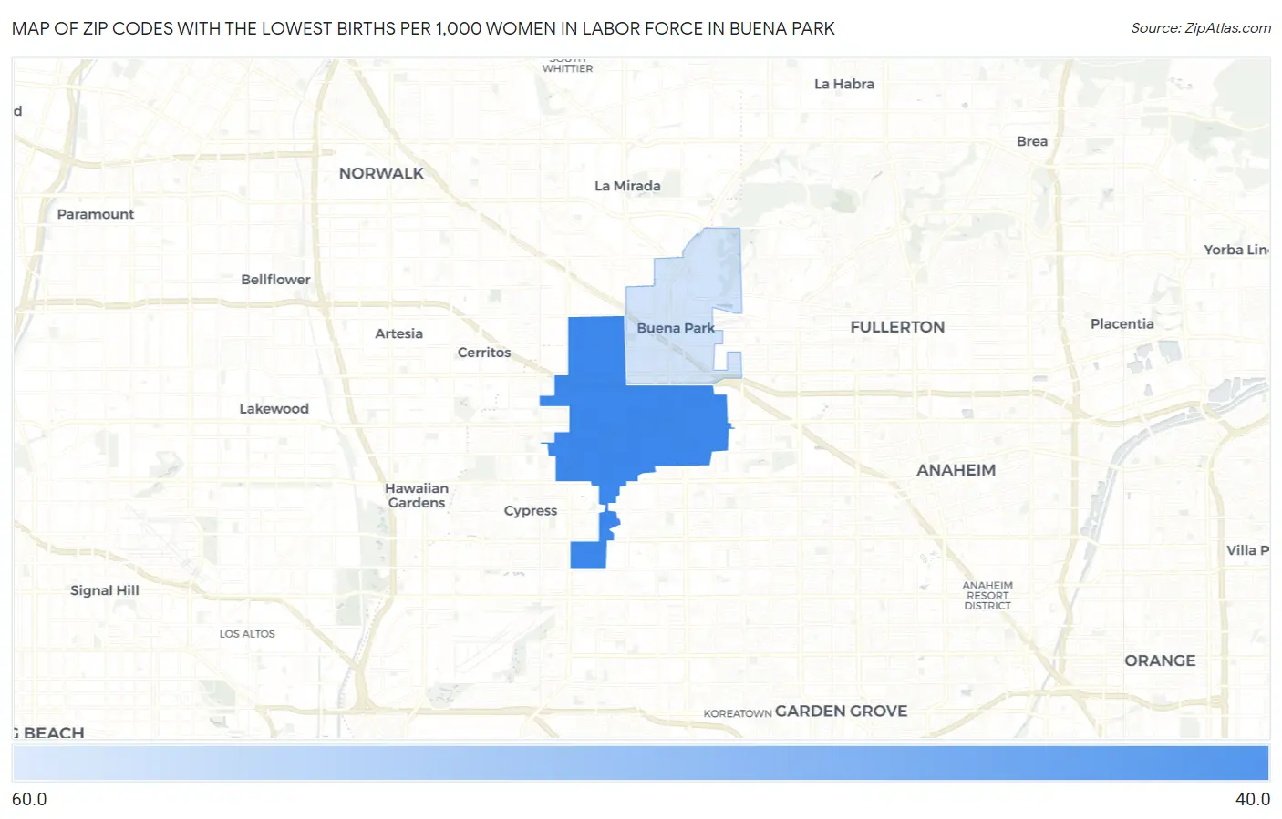 Zip Codes with the Lowest Births per 1,000 Women in Labor Force in Buena Park Map