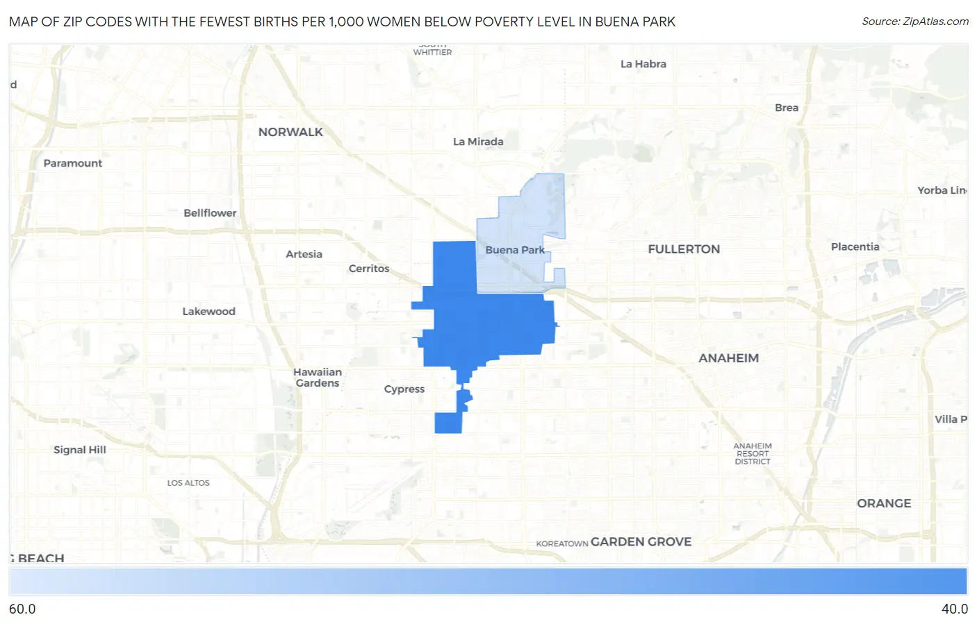 Zip Codes with the Fewest Births per 1,000 Women Below Poverty Level in Buena Park Map