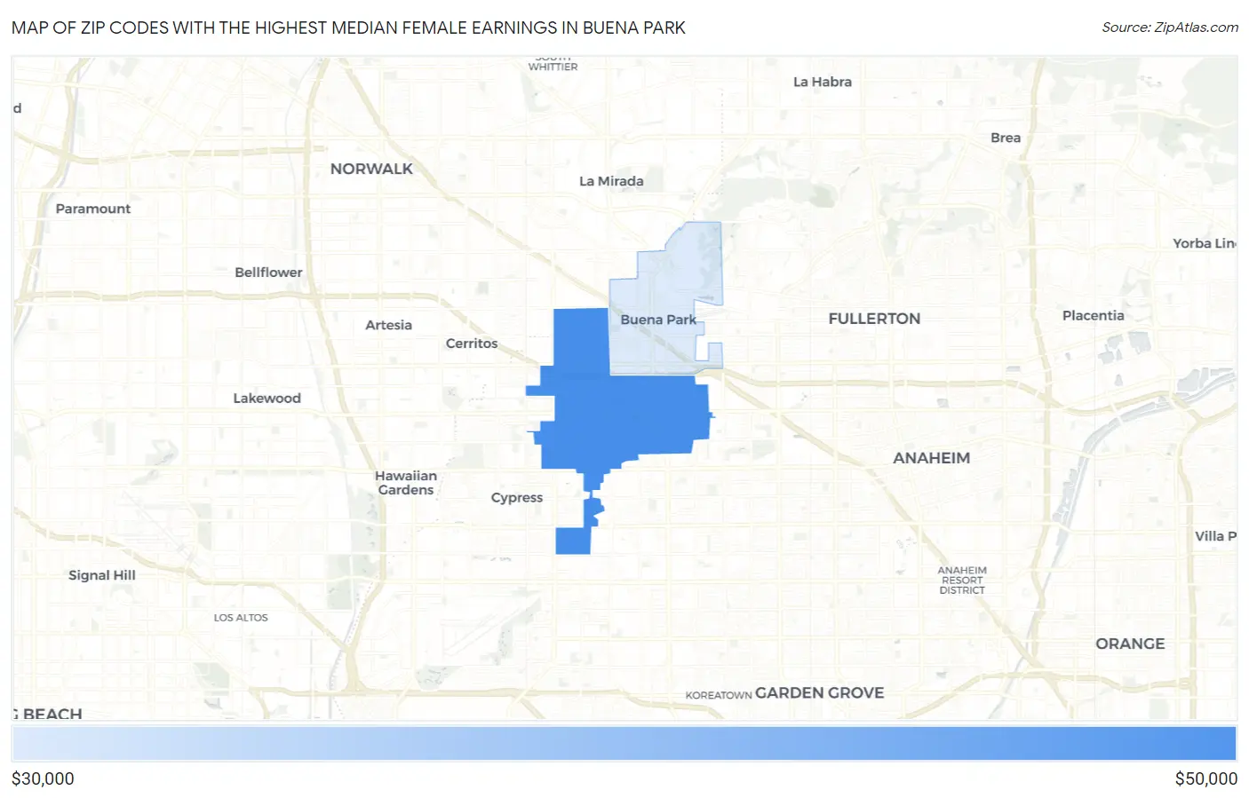 Zip Codes with the Highest Median Female Earnings in Buena Park Map