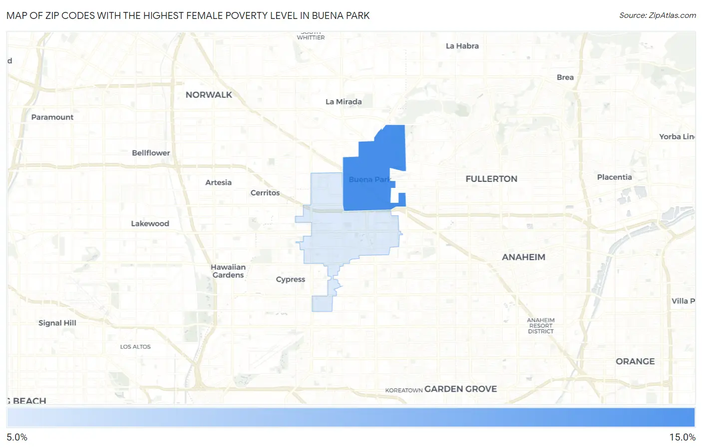 Zip Codes with the Highest Female Poverty Level in Buena Park Map
