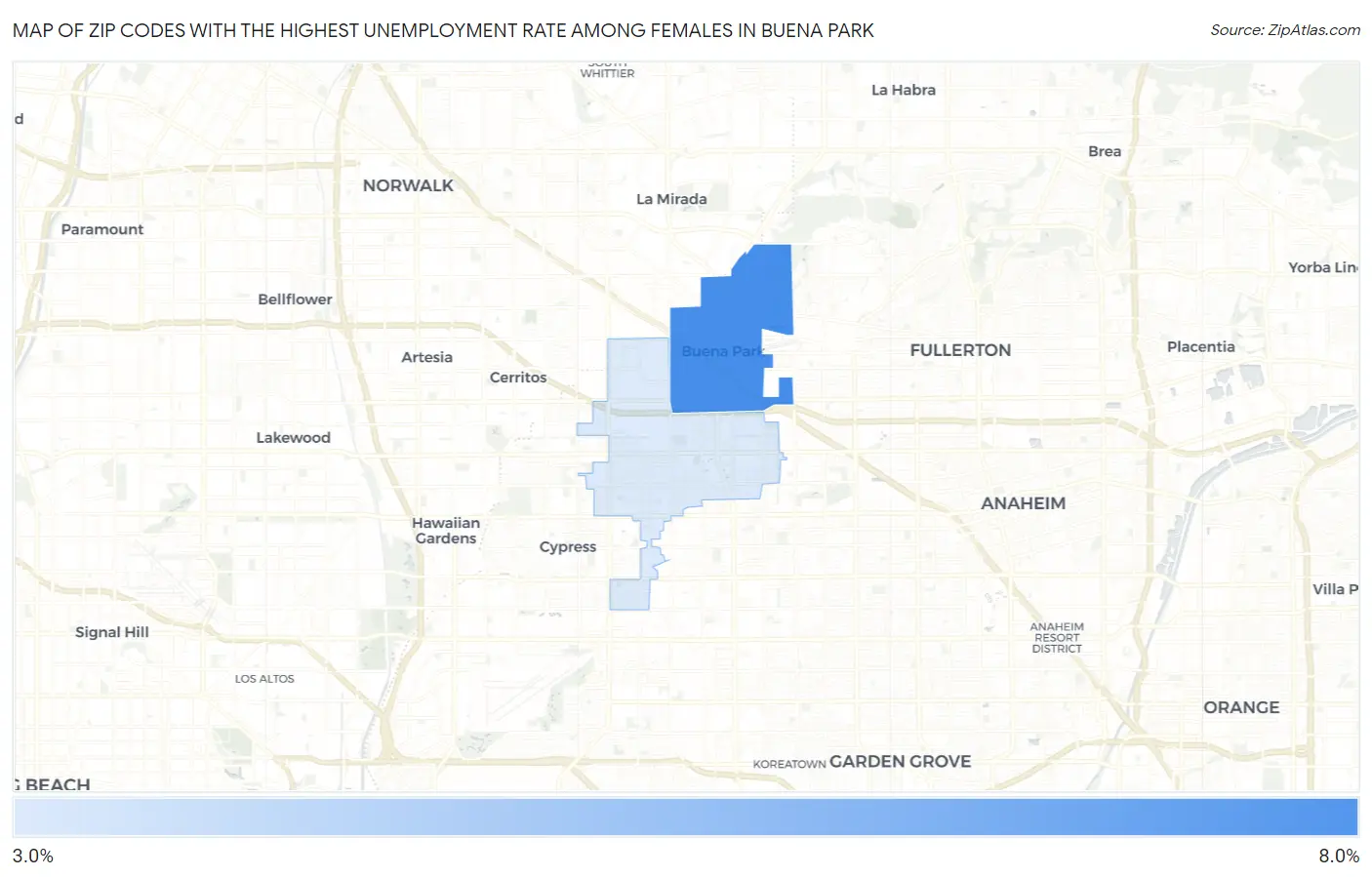Zip Codes with the Highest Unemployment Rate Among Females in Buena Park Map
