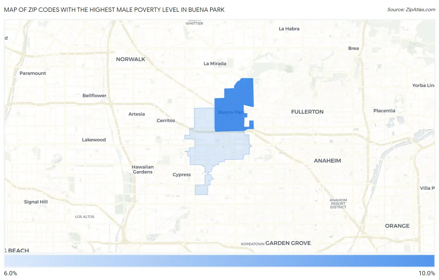 Zip Codes with the Highest Male Poverty Level in Buena Park Map