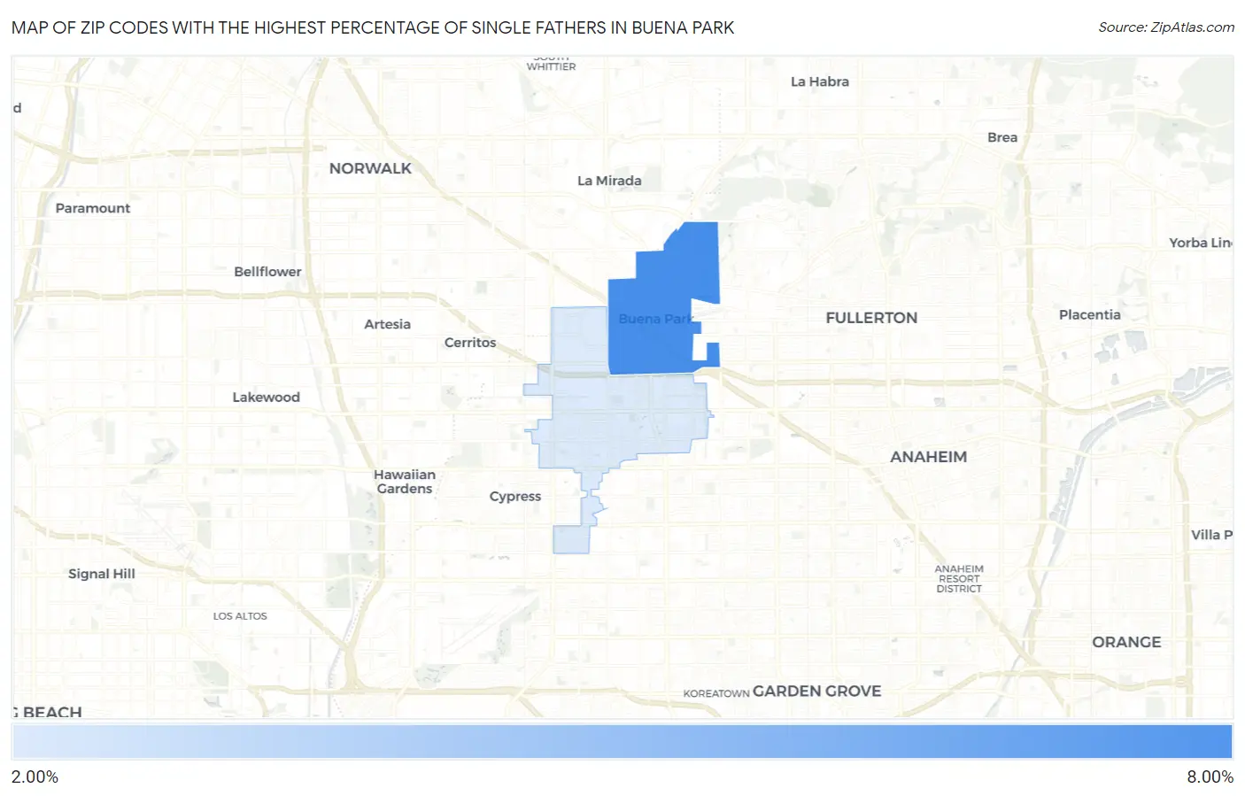 Zip Codes with the Highest Percentage of Single Fathers in Buena Park Map
